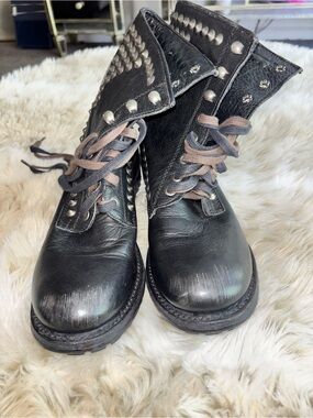 Ash Black Studded Leather Lace-Up Combat Boots with Brown Gray Laces
